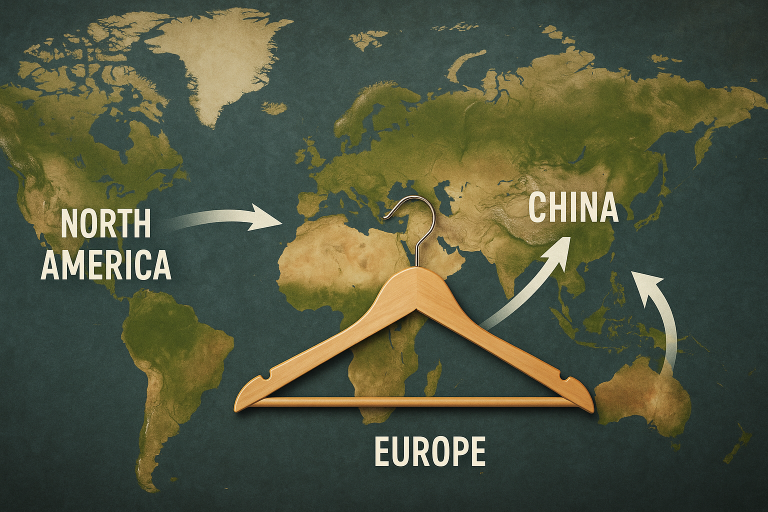 A global supply chain visual highlighting China's central role as the primary manufacturing hub for hangers, illustrating international distribution pathways to key markets like North America and Europe.