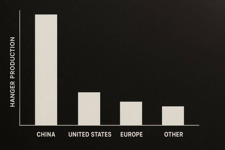A bar chart powerfully contrasting hanger production volumes in China against other global regions, underscoring China's significant manufacturing dominance and capacity for bulk orders.