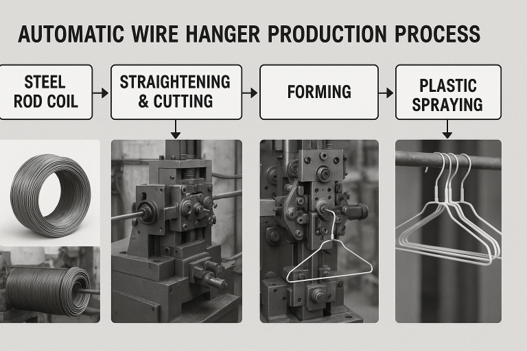 A detailed flowchart illustrating the automated production process for wire hangers, from raw steel rod coil input to the precise shaping, plastic spraying, and drying, highlighting critical manufacturing stages.