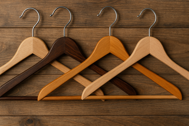 A visual comparison of diverse wood hanger types, demonstrating variations in authentic hardwood grains, rich stain options, and quality finishes, crucial for assessing aesthetic value and material integrity.