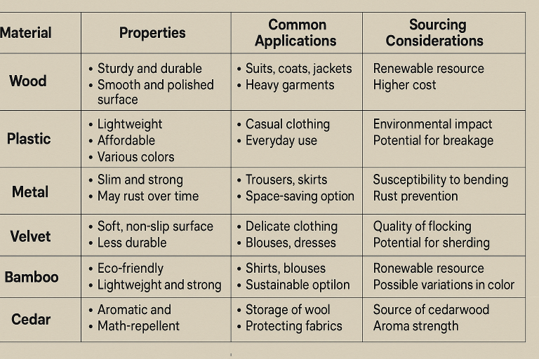A comprehensive table outlining the distinct properties, common applications, and critical sourcing considerations for a range of hanger materials, including wood, plastic, metal, velvet, bamboo, and cedar, for strategic decision-making.