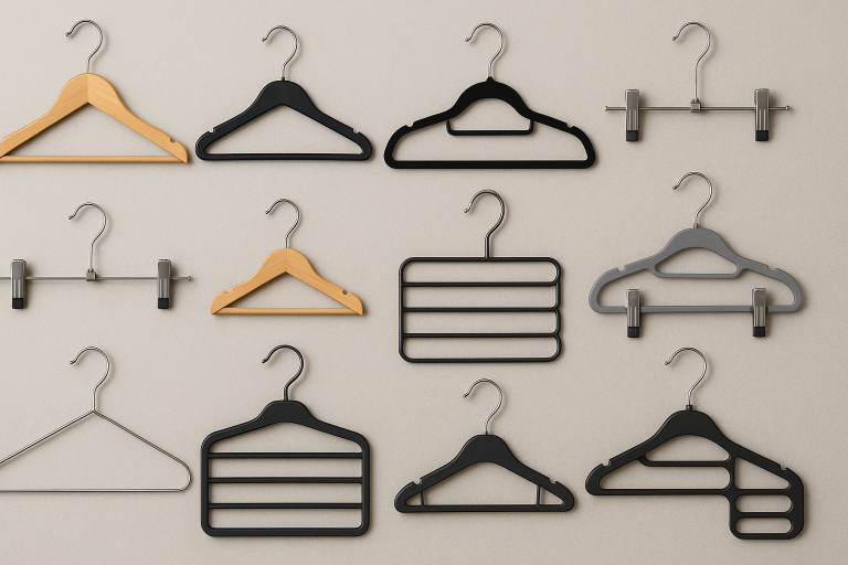 A collage showcasing the vast taxonomy of hanger styles, from standard garment solutions to specialized pant/skirt clips, children's sizes, and innovative space-saving and multi-functional designs, emphasizing specific applications.