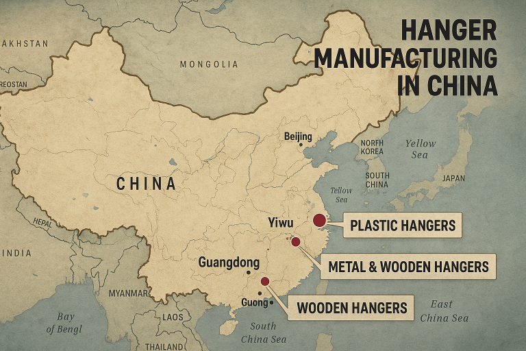 A geopolitical map of China indicating key hanger manufacturing clusters such as Yiwu, Guangdong, and Zhejiang, illustrating regional specializations in material types and production capacities.