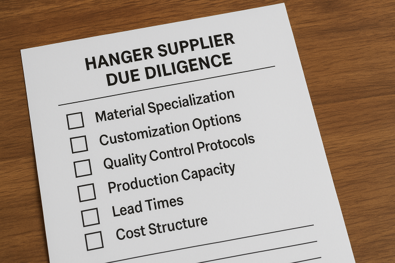 A structured checklist template for conducting thorough hanger supplier due diligence, featuring essential criteria like material specialization, customization options, and robust quality control protocols for effective vetting.