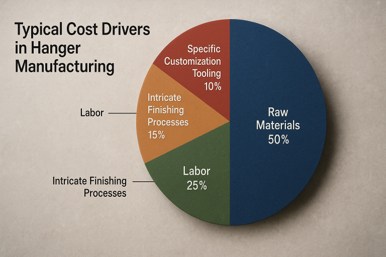 A pie chart visually representing the typical cost drivers in hanger manufacturing, breaking down the contributions of raw materials, labor, intricate finishing processes, and specific customization tooling, for informed budgeting.