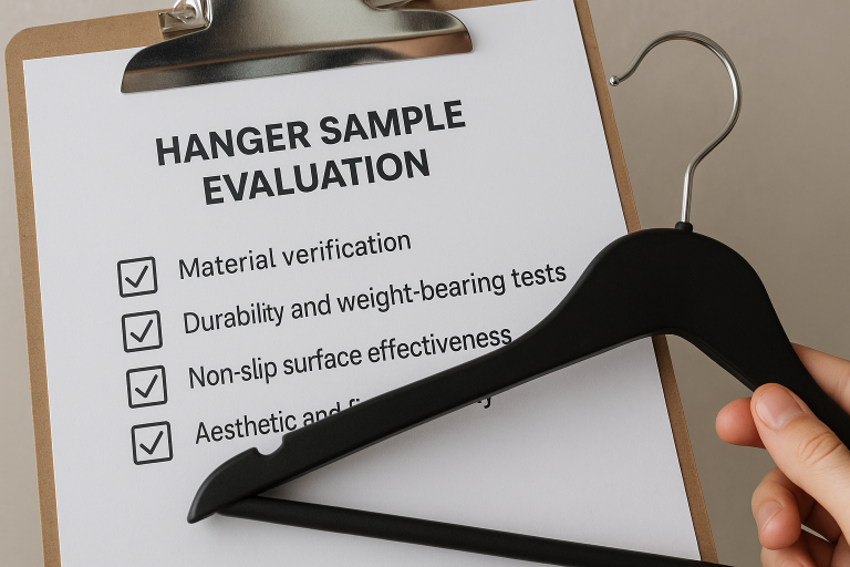 A visual checklist for comprehensive hanger sample evaluation, detailing critical checkpoints for material verification, rigorous durability and weight-bearing tests, non-slip surface effectiveness, and meticulous aesthetic and finish quality inspection.