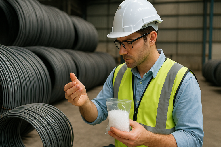A visual representation of the critical raw material incoming inspection process for hangers, showing a quality control specialist examining steel rod coils and plastic resin pellets to verify purity and consistency before production.