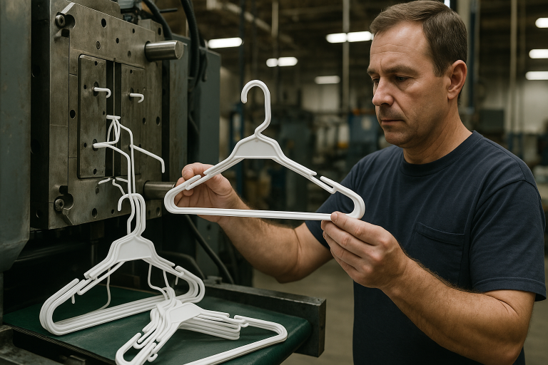 An in-process quality assurance visual from a hanger manufacturing facility, illustrating a skilled worker performing real-time inspection of plastic hangers directly as they emerge from the injection molding machine, ensuring consistency.