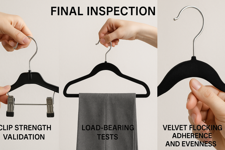 A visual guide demonstrating comprehensive final inspection protocols for hangers, including clip strength validation, rigorous load-bearing tests for suit hangers, and a close-up assessment of velvet flocking adherence and evenness.