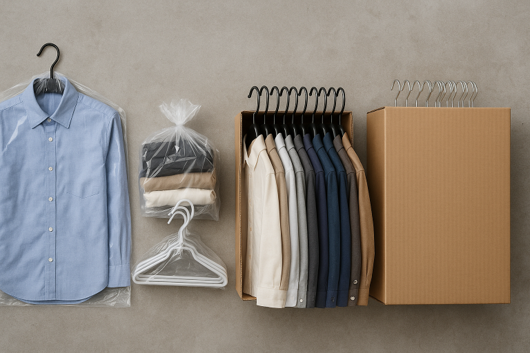 A visual displaying diverse hanger packaging strategies, from individual protective bagging for delicate items to space-saving bundled packs and optimized carton configurations for bulk shipments, emphasizing protection and density.