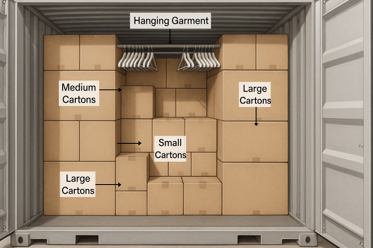 An illustrative diagram demonstrating optimized container loading techniques for bulk hanger shipments, showcasing strategic arrangement of varied carton sizes and hanger types to maximize space utilization and minimize freight costs.