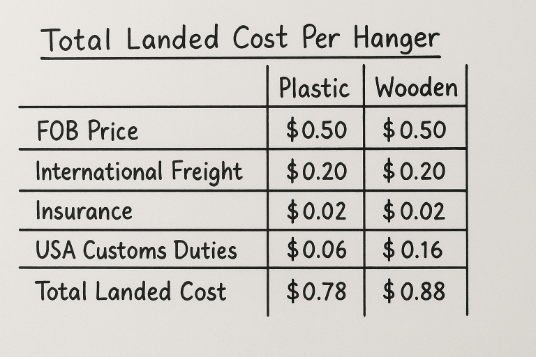 A simplified calculation table illustrating how to precisely compute the total landed cost per hanger, encompassing FOB price, international freight, insurance, and the specific USA customs duties for both plastic and wooden hanger types.