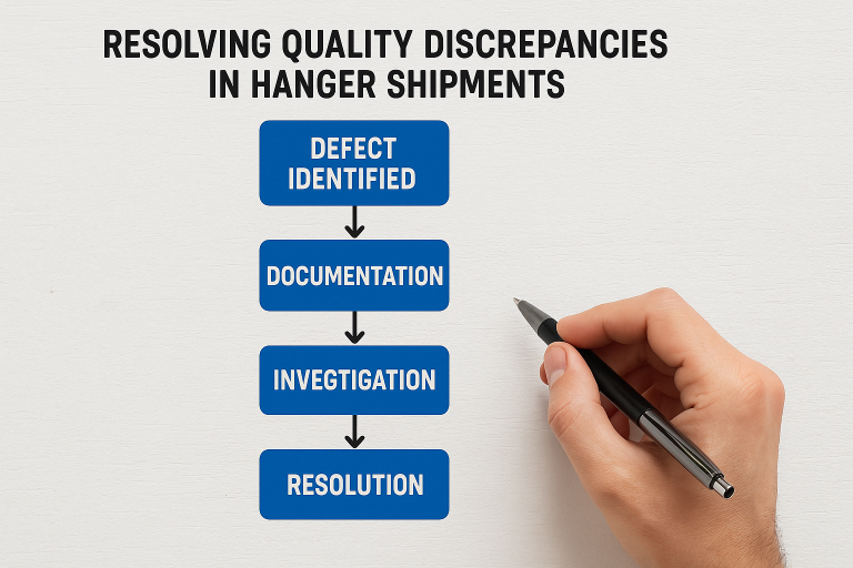 A clear flowchart illustrating the structured process for effectively resolving quality discrepancies in hanger shipments, from initial defect identification and thorough documentation to strategic negotiation and ultimate resolution with the supplier.