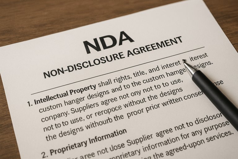 A visual representation of a Non-Disclosure Agreement (NDA) document, highlighting critical clauses specifically pertaining to the robust protection of intellectual property for custom hanger designs and proprietary information shared with suppliers.