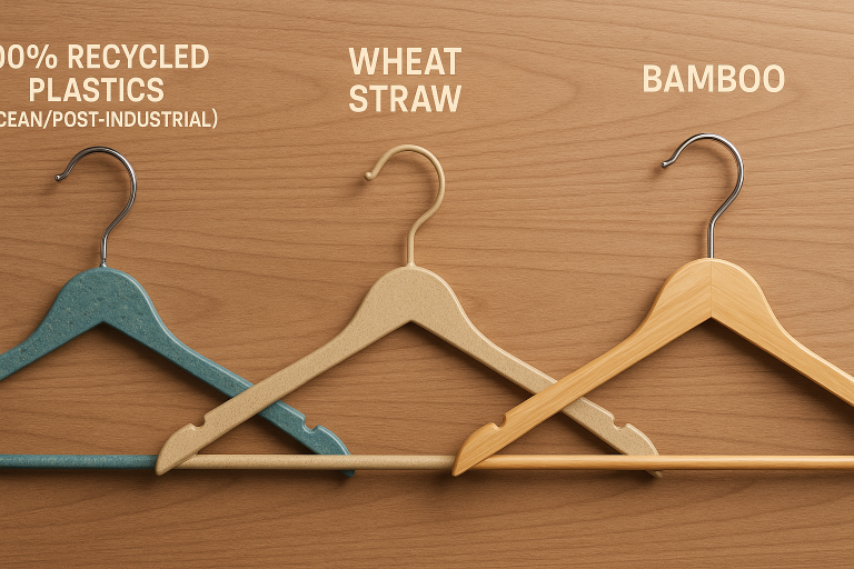 A compelling graphic illustrating various eco-friendly hanger material innovations, including options made from 100% recycled plastics (ocean/post-industrial), renewable wheat straw, and rapidly reproducible bamboo, underscoring their sustainable advantages.