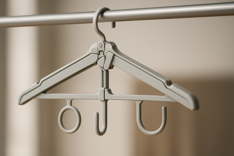 A conceptual rendering showcasing an innovative, multi-functional hanger design, featuring integrated space-saving mechanisms and additional accessory hooks, illustrating future trends in hanger utility and design innovation.