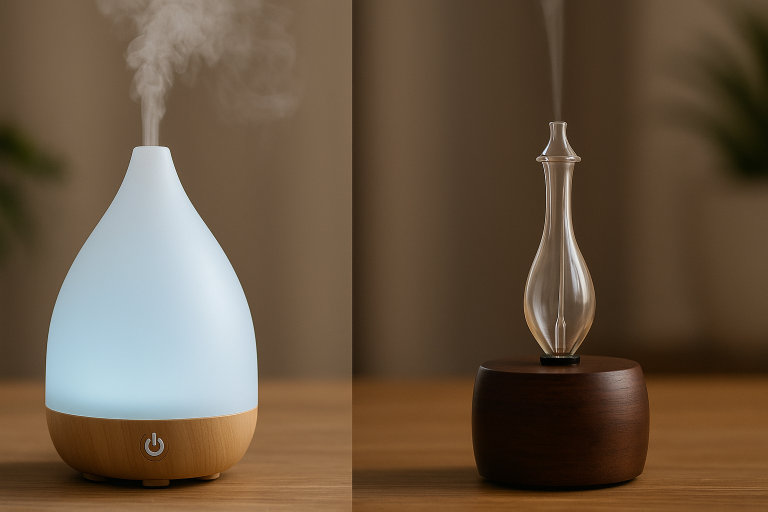 Side-by-side comparison illustrating the cool mist output of an ultrasonic oil diffuser versus the dry, concentrated vapor from a nebulizing diffuser. This visual helps buyers understand the distinct operational principles and diffusion methods, which impacts essential oil consumption and room coverage.