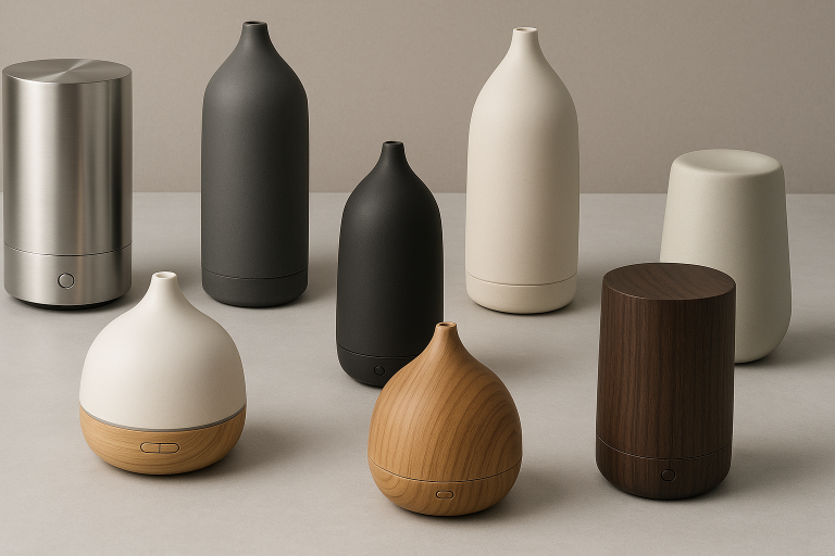 Mood board showcasing 2024 oil diffuser design trends, featuring modern, sleek, and elegant aesthetics in various materials like brushed metal, matte ceramic, and natural wood, to guide buyers on popular styles and finishes in product development.