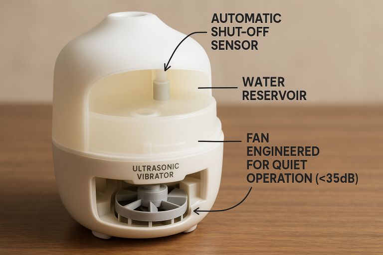 Diagram showcasing the internal components of an ultrasonic oil diffuser, specifically highlighting the automatic shut-off sensor within the water reservoir and the fan unit engineered for quiet operation (<35dba). This helps buyers understand the critical technical specifications to demand from suppliers.