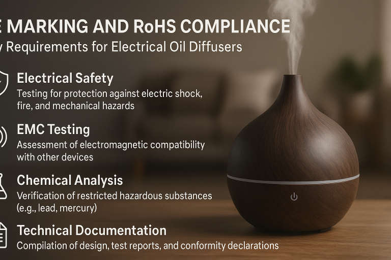 Infographic detailing the key requirements for CE Marking and RoHS compliance specifically for electrical oil diffusers, showing the types of tests (e.g., electrical safety, chemical analysis) and documentation needed for market entry into the European Economic Area, vital for international procurement.