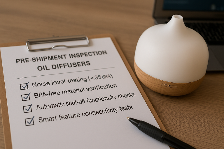 A visual checklist for a pre-shipment inspection of oil diffusers, highlighting specific quality control points like noise level testing (<35dba), BPA-free material verification, automatic shut-off functionality checks, and thorough smart feature connectivity tests.