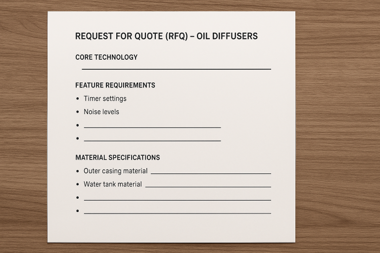 Example RFQ template for oil diffusers, highlighting sections for specifying core technology, detailed feature requirements (e.g., timer settings, noise levels), and material specifications, providing a structured approach for buyers to prepare their inquiries effectively.