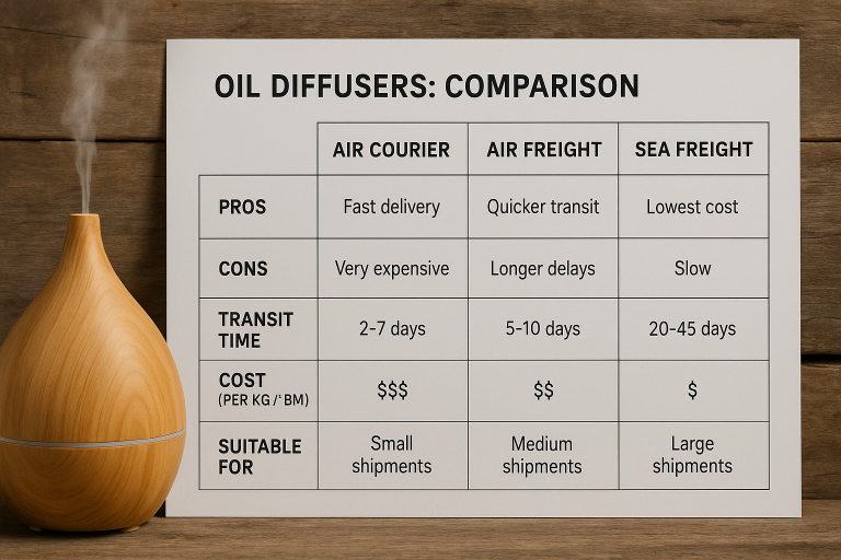 Comparison chart illustrating the pros and cons of Air Courier, Air Freight, and Sea Freight for shipping oil diffusers, including estimated transit times, typical cost per kg/CBM, and suitable shipment volumes, to guide buyers on optimal logistics choices.