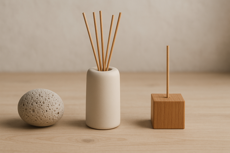 A collection of various passive oil diffusers, including a minimalist ceramic design, a small wooden block, and a porous stone, showcasing their diverse aesthetic appeal and simple, unpowered diffusion mechanism.
