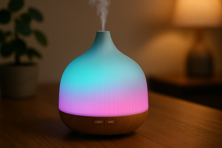 An oil diffuser prominently displaying its integrated color-changing LED lights in a soft, ambient glow, highlighting how this feature enhances user experience and product versatility beyond mere scent diffusion.
