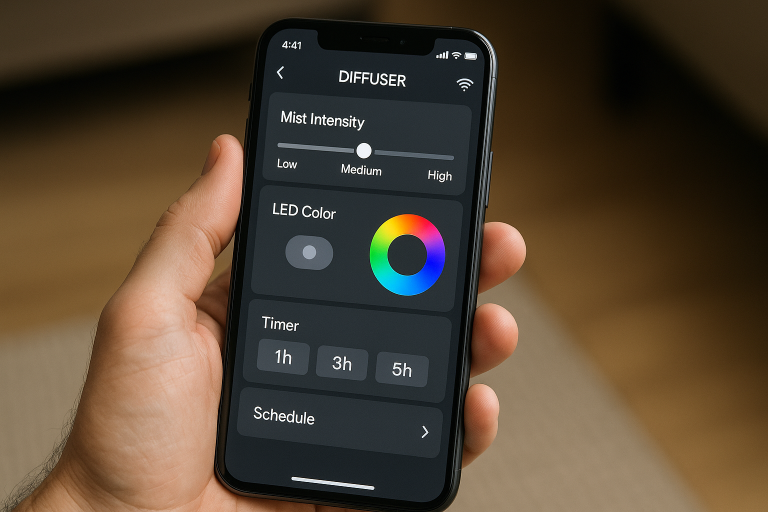 A smartphone screen displaying an intuitive mobile app interface for controlling a smart oil diffuser, showing options for mist intensity, LED color, timer settings, and programmable schedules via Wi-Fi/Bluetooth, illustrating smart home integration.