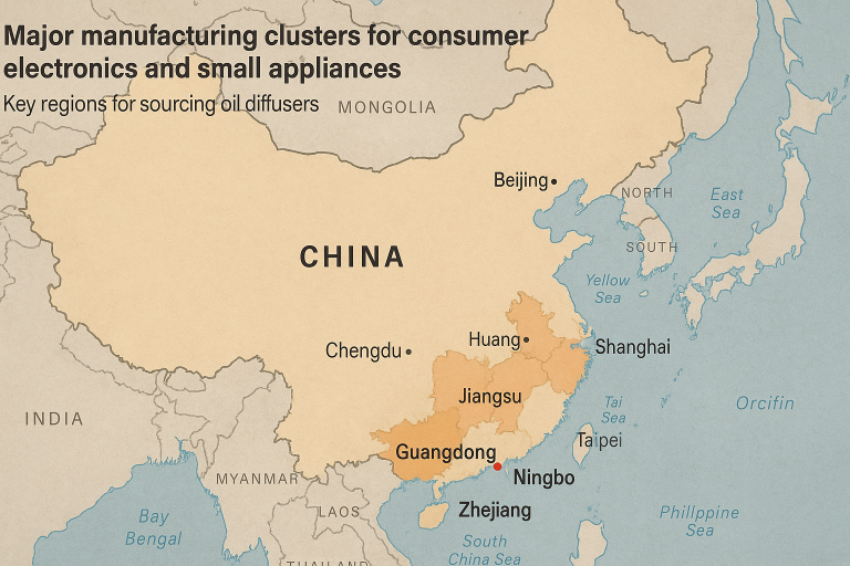 A map of China highlighting major manufacturing clusters for consumer electronics and small appliances (e.g., Guangdong, Zhejiang), pinpointing cities like Shenzhen and Ningbo, indicating key regions for sourcing oil diffusers.