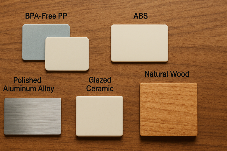 A visual representation of various material samples used in oil diffuser manufacturing, including swatches of BPA-free PP and ABS plastics, polished aluminum alloy, glazed ceramic, and natural wood, illustrating the importance of material quality and choice.