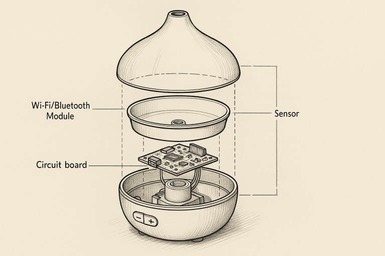 A detailed technical drawing or exploded view of a smart oil diffuser, highlighting its Wi-Fi/Bluetooth module, circuit board, and sensor placements, to illustrate the complexity of smart feature integration for an RFQ.