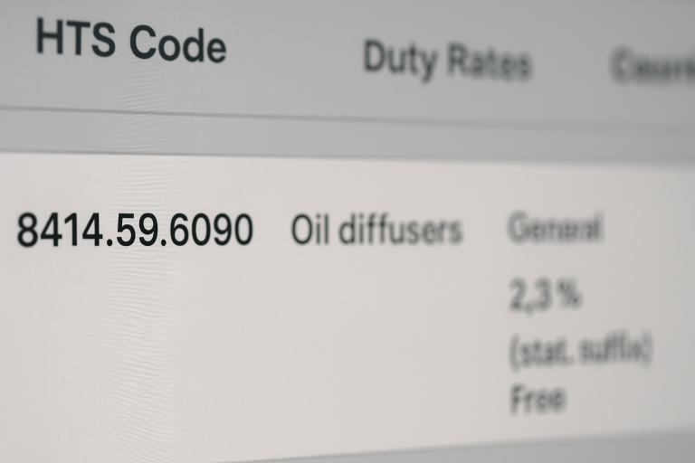 A snippet from an HTS code lookup tool or customs database, showing a specific HTS code (e.g., 8414.59.6090) for oil diffusers, along with its associated duty rates and product description. This illustrates the importance of accurate classification for import costs.