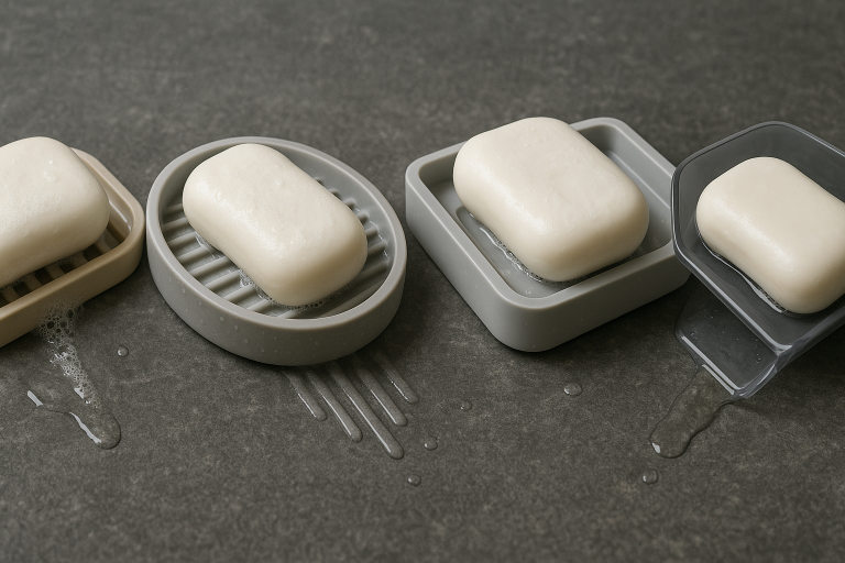 A visual comparison of various soap dish drainage mechanisms, including a slatted design, a raised ridge pattern, a dual-layer system, and a waterfall angle, illustrating how each ensures optimal water run-off and minimizes soap residue.