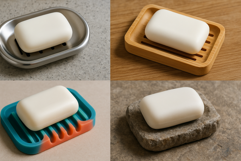 A visual collage showcasing diverse soap dish materials, including a polished stainless steel dish, a finely carved bamboo dish, a colorful, flexible silicone dish, and a raw, textured natural stone dish, highlighting their distinct textures, aesthetics, and inherent properties for strategic selection.
