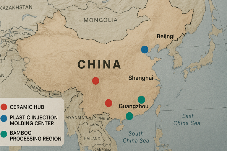 A map of China highlighting key manufacturing clusters relevant to soap dish production, such as established ceramic hubs, advanced plastic injection molding centers, and natural bamboo processing regions, guiding targeted supplier identification.
