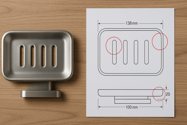 A side-by-side comparison of a soap dish sample against the original detailed design specifications, highlighting points of alignment and potential discrepancies in aesthetics, finish, and critical functional details for precise quality assessment.
