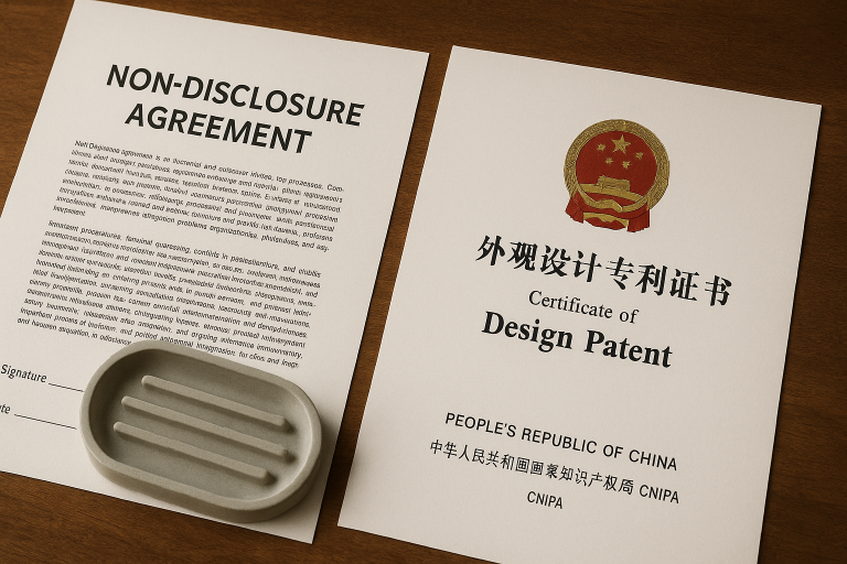 A visual representation of a non-disclosure agreement (NDA) document beside a design patent certificate, emphasizing the critical importance of robust intellectual property protection for custom soap dish designs and unique product innovations in international sourcing.