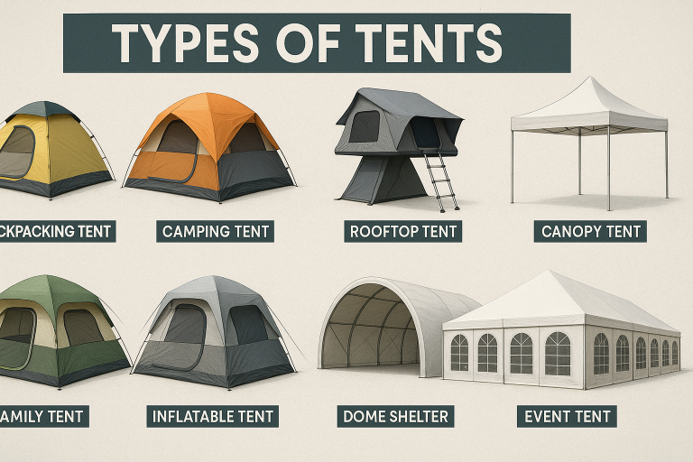Infographic displaying a visual breakdown of various tent types, from compact backpacking tents to large commercial structures, illustrating their diverse applications and key features to aid market segmentation.