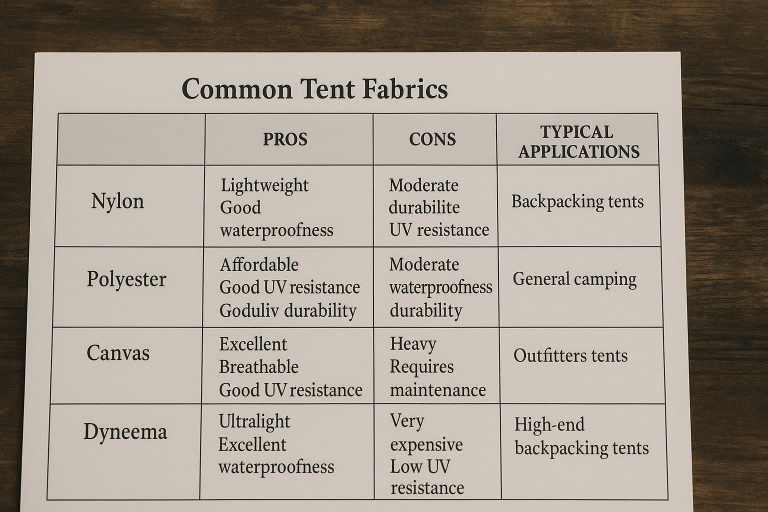 Comparative table illustrating the pros, cons, and typical applications of common tent fabrics like Nylon, Polyester, Canvas, and Dyneema, highlighting their waterproofness, durability, and UV resistance characteristics.