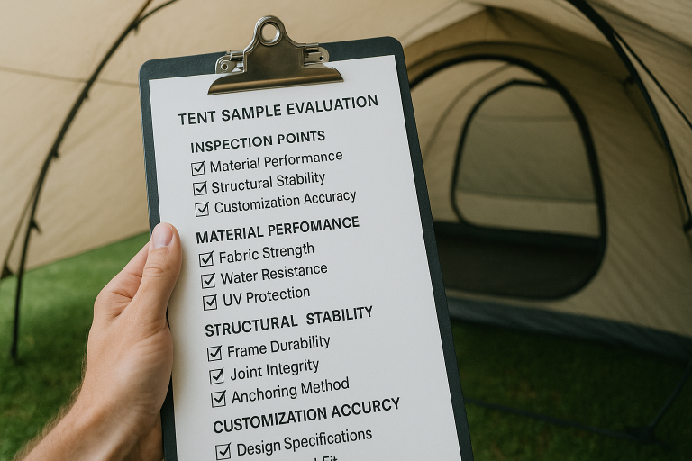 Checklist highlighting crucial inspection points during the tent sample evaluation phase, including detailed material performance metrics, structural stability assessments, and precise customization accuracy verification.