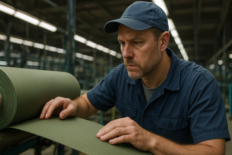 Photograph showcasing a factory technician meticulously inspecting a roll of tent fabric for weave consistency, color uniformity, and initial treatment quality prior to cutting, a critical pre-production QC step.
