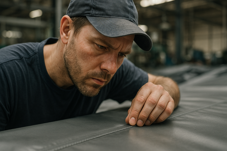Close-up photo showing a factory worker meticulously inspecting the integrity and consistency of a high-frequency welded seam on a large tent panel, a crucial step for ensuring waterproofing and durability.