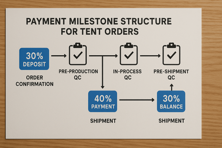 Diagram illustrating a typical payment milestone structure for tent orders, showing payment release tied to successful completion of critical pre-production, in-line, and pre-shipment quality control checkpoints, providing leverage for buyers.