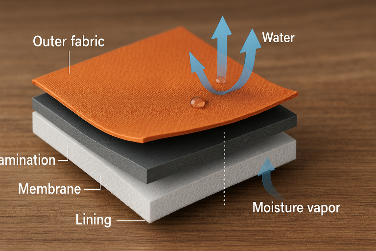 Cross-section diagram depicting the multi-layered structure of a high-performance tent fabric, illustrating how lamination or bonding creates waterproof and breathable barriers for optimal performance.