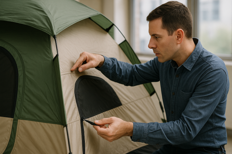 Professional inspecting a tent prototype, highlighting key areas of focus during sample evaluation such as seam integrity, zipper function, pole fitment, and overall design execution to ensure alignment with specifications.