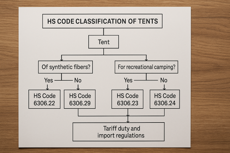 Flowchart detailing the Harmonized System (HS) code classification process for various tent types, illustrating how specific material compositions (e.g., synthetic fibers) and intended uses impact tariff duties and import regulations.