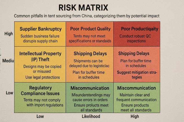 Risk matrix outlining common pitfalls in tent sourcing from China, categorizing them by potential impact and likelihood, and suggesting proactive mitigation strategies for each, including robust QC and supplier diversification.