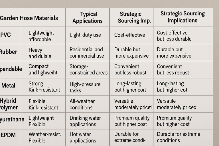 A comparative table illustrating the key characteristics, typical applications, and strategic sourcing implications (e.g., cost-effectiveness, durability, specific use cases) for various garden hose materials, including PVC, Rubber, Expandable, Metal, Hybrid Polymer, Polyurethane, and EPDM, to guide buyers in material selection.